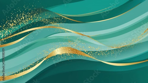 Elegant abstract design of teal and gold waves creates stunning background experience.