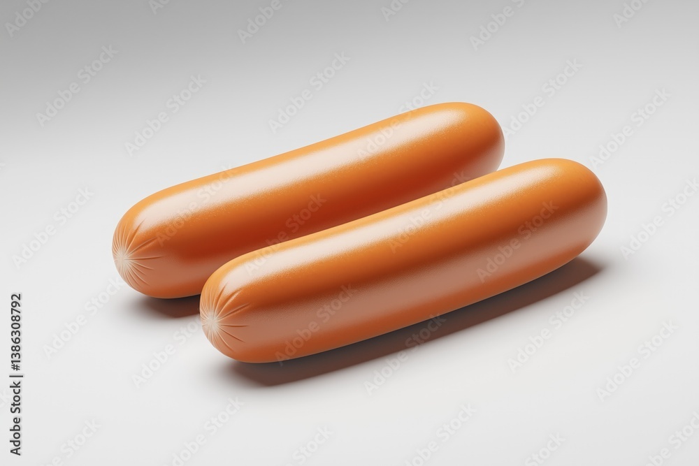 Two smooth tasty sausages rest on clean surface, showcasing appetizing appearance Two smooth tasty sausages rest on clean surface, showcasing appetizing appearance