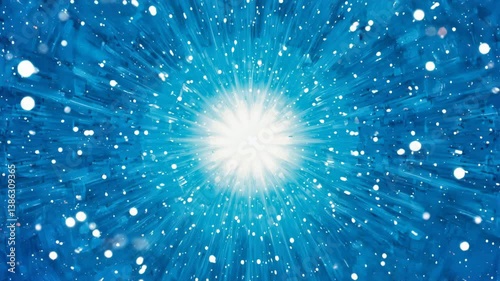 Vibrant blue burst of light and particles radiate energy in abstract atmosphere.