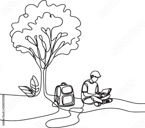 Student Reading Book Under Tree Vector Line Art