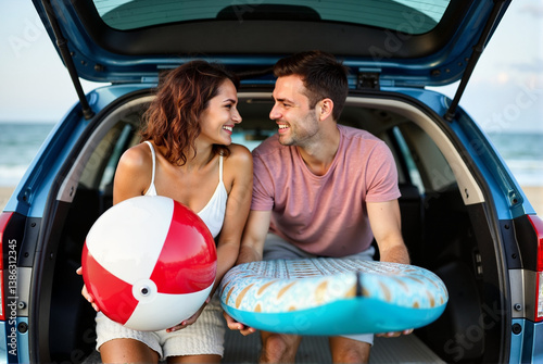 Happy Couple Enjoying a Beach Day with Car Trunk Open and Beach Gear
