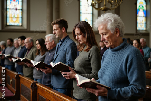 Congregation Gathering in Church Reading Hymn Books During Service