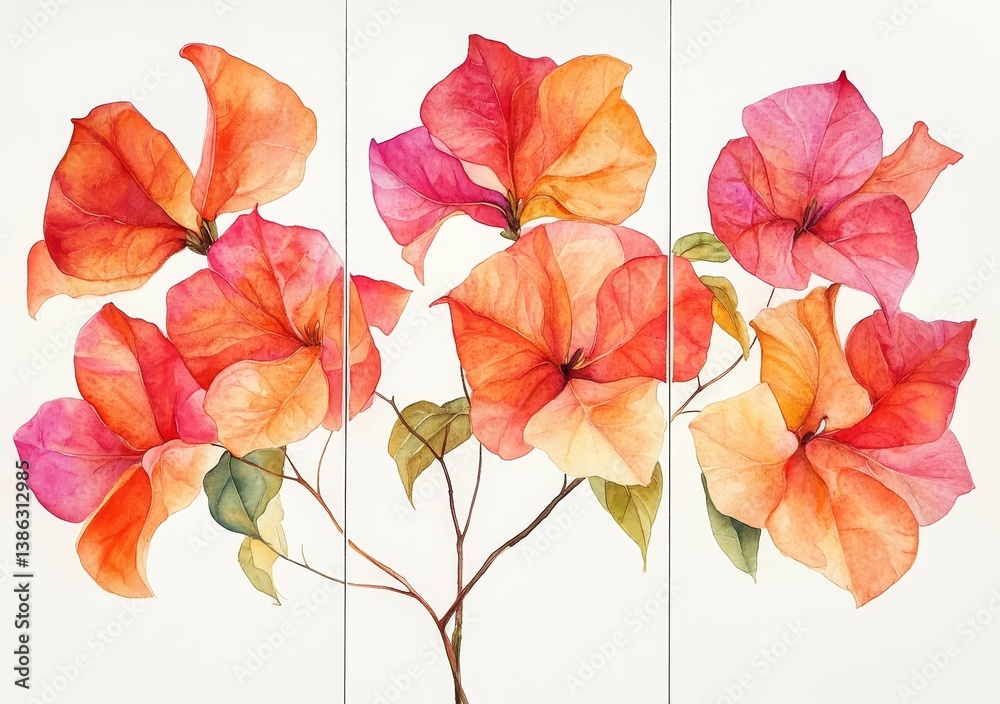 Obraz premium Vibrant pink and orange bougainvillea blossoms against a light background