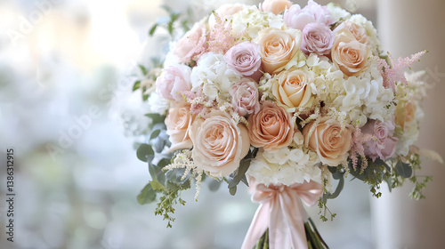 A luxurious wedding bouquet in pastel colors, featuring a mix of roses, peonies, and hydrangeas, tied with a satin ribbon for a sophisticated and elegant look.