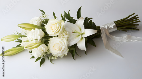 A minimalist funeral bouquet featuring white lilies and roses, tied with a simple ribbon for elegance.