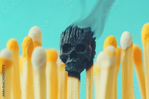 Burning matchstick with skull charring in center against blue background