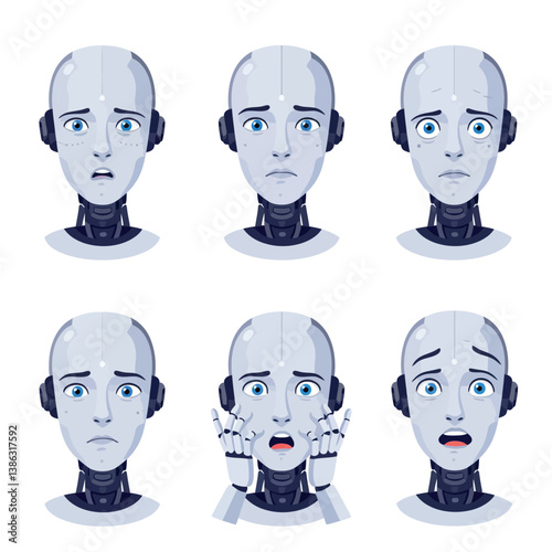 Six robot heads displaying various emotions in a flat vector illustration style