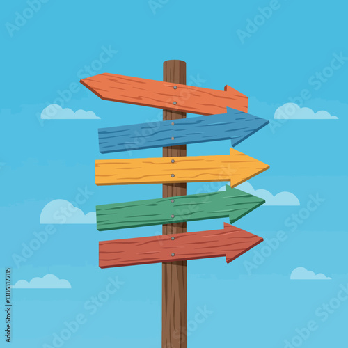 Colorful wooden directional signpost with arrows pointing in various directions in flat vector art