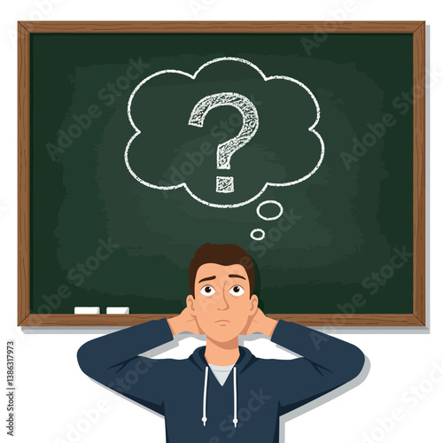 Thoughtful young man in a hoodie pondering a question above his head in flat vector art
