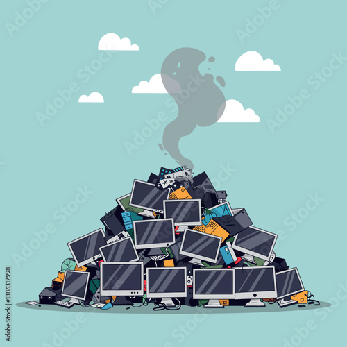 Pile of obsolete computers emitting smoke in a flat vector illustration
