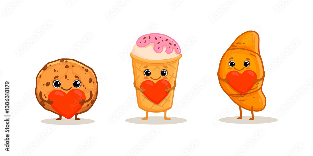 Obraz premium set of cartoon food characters isolated on white. Cookie, croissant and ice cream with heart in flat style. 