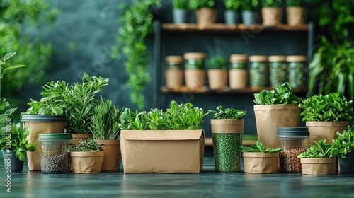 Wallpaper Mural Fresh herbs in pots and containers on a dark countertop. Torontodigital.ca