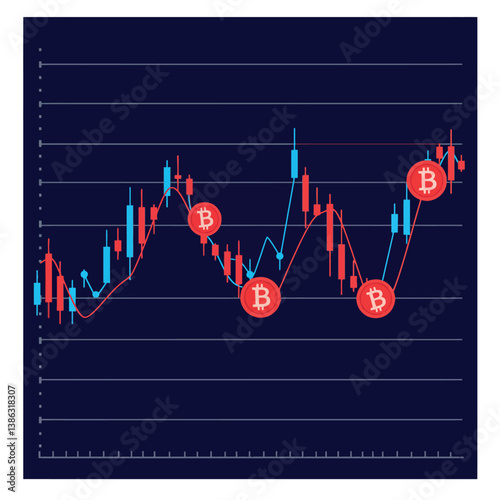 Bitcoin price trend analysis with blue and red candlestick charts in flat vector art