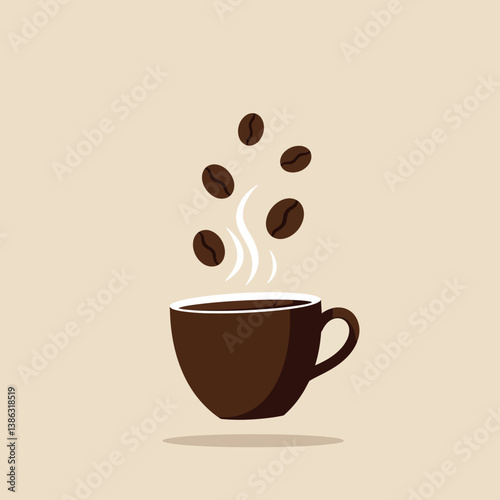 Brown coffee cup with floating beans and steam in flat vector art