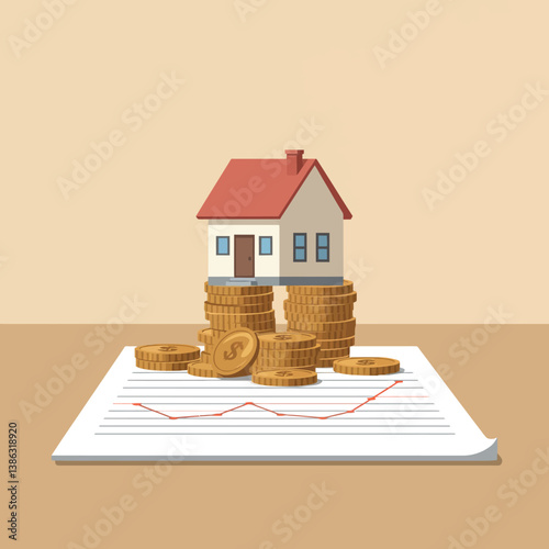 House model on stacks of coins with financial documents in flat vector art