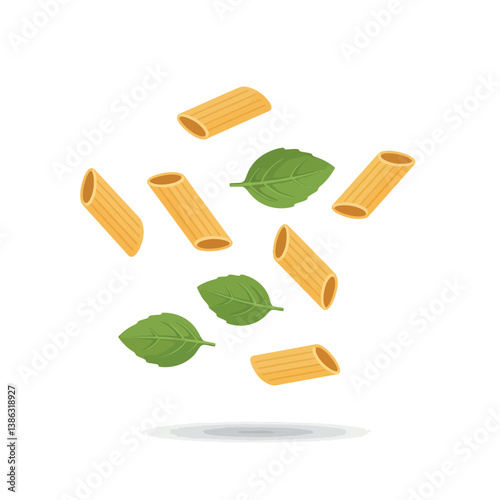 Colorful pasta rigatoni and fresh basil leaves in a playful floating arrangement vector art