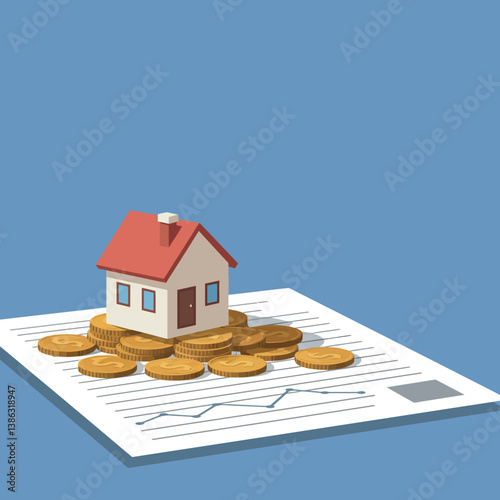 Small house model on financial document surrounded by coins in flat vector art