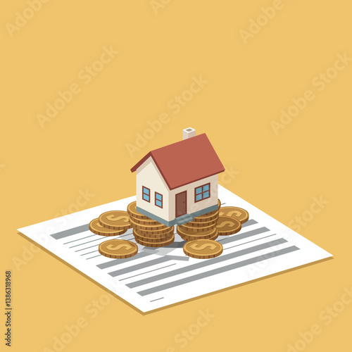 A small house model on financial documents surrounded by golden coins in flat vector art
