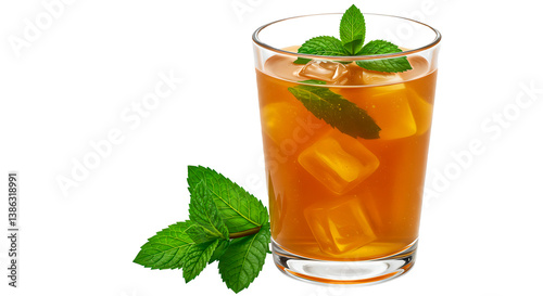 Iced tea with mint leaves and ice cubes on a white background  