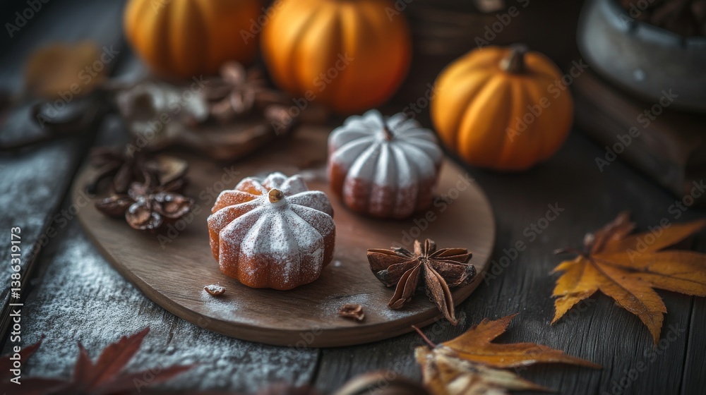 Fototapeta premium Nostalgic Wagashi on Rustic Table Surrounded by Fall Decorations