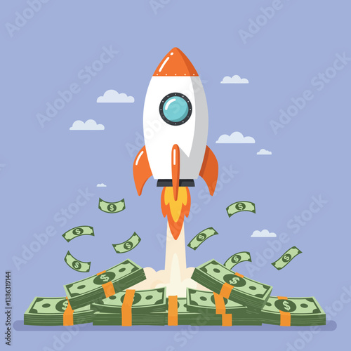 Rocket launching into the sky amidst stacks of cash in flat vector art