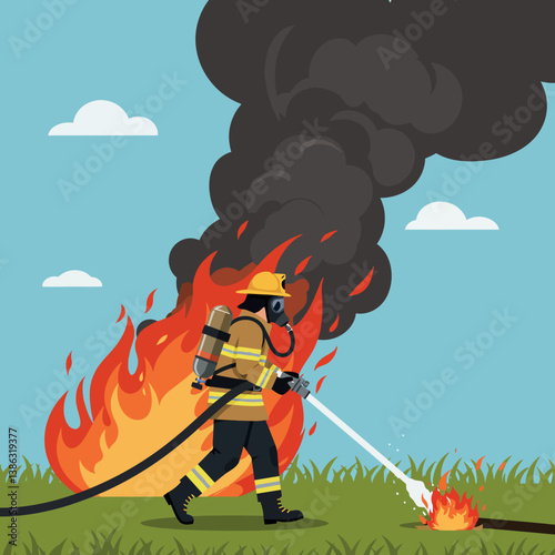 Firefighter in action battling flames with a hose in a vibrant flat vector illustration