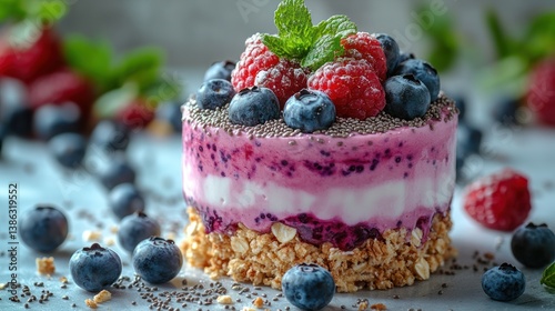 An overhead view of a parfait layered with creamy Greek yogurt, fresh blueberries, and crunchy chia seeds, beautifully arranged to highlight its vibrant colors and textures, perfect for a healthy snac