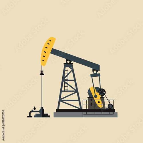 Oil drilling rig with yellow and grey machinery in flat vector art style showcasing industrial activity
