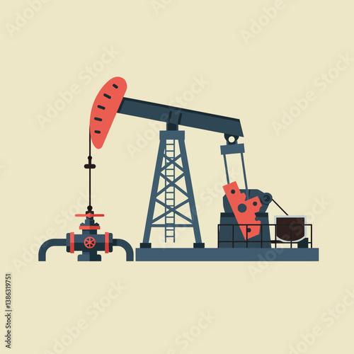 Oil pump jack and valve in minimal flat design vector illustration