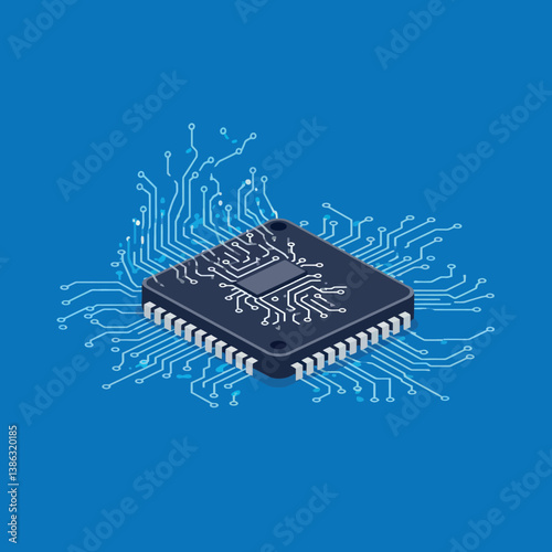 Computer chip with detailed circuit design in a flat style showcasing technology vector art