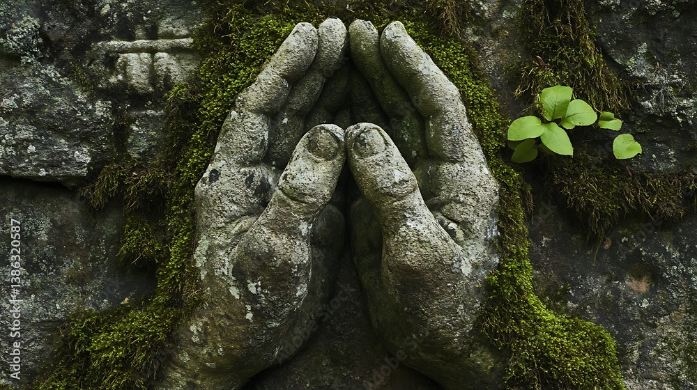 Stone hands protecting small growth emerging on the mossy rock