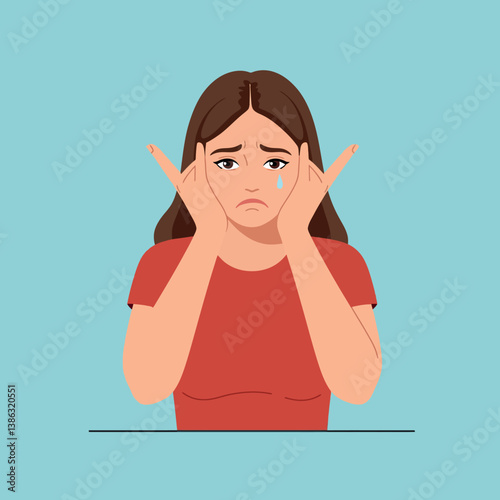 Young woman expressing sadness with hands on her face in minimalist vector illustration