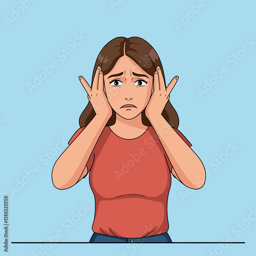 Concerned woman with hands on her face in flat vector art style expressing worry and anxiety