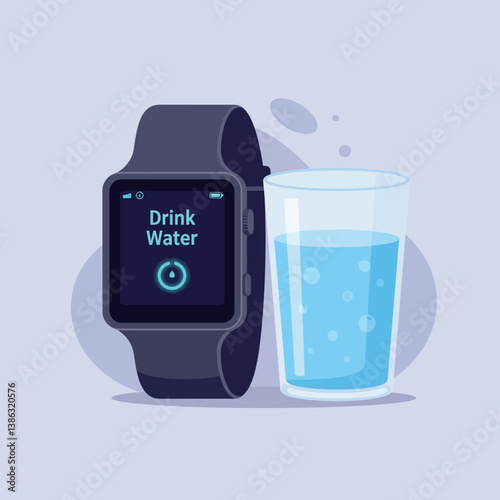 Smartwatch displaying hydration reminder beside a glass of water in minimal vector illustration
