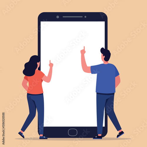 Two people interacting with a large smartphone in flat vector illustration style
