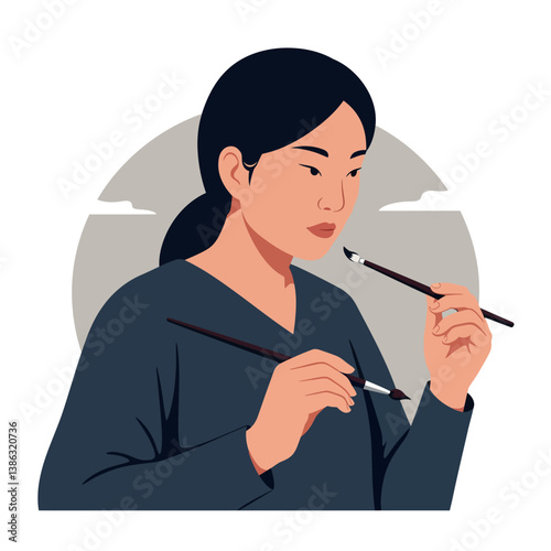 Thoughtful woman holding paintbrushes in hand, minimal vector illustration capturing creativity and artistic expression