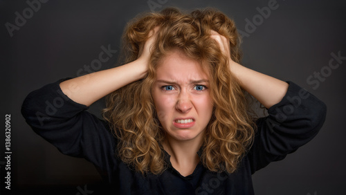 A young woman with fiery red curls clutches her head, her face contorted in frustration, worry and distress. Dark gray background.