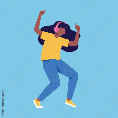 Young woman dancing joyfully in casual attire with headphones in flat vector art