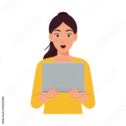 Surprised woman holding a laptop with an open screen in a flat vector illustration