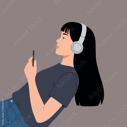 Young woman relaxing with headphones in flat vector art style surrounded by a calming environment