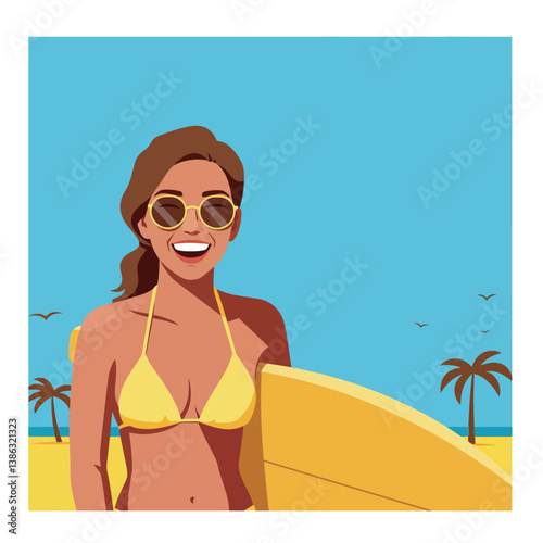 Smiling woman in yellow bikini holding surfboard on sunny beach, flat vector illustration