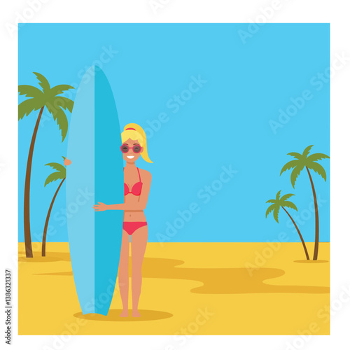 Young woman holding a surfboard on a sunny beach with palm trees in flat vector art