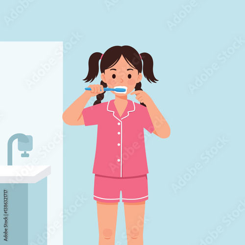 A young girl brushing her teeth in a pastel bathroom, flat vector illustration