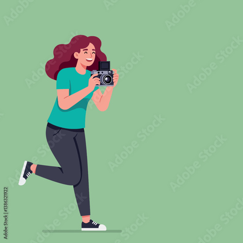 Cheerful woman running while taking photos with a vintage camera in flat vector art