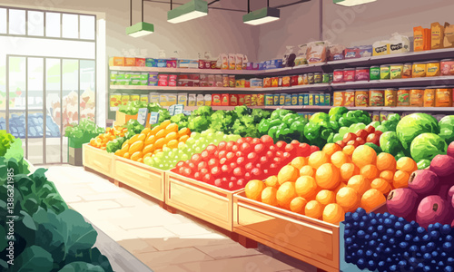 A vibrant grocery store filled with diverse fresh produce, perfect for depicting themes of healthy eating, shopping, or the food industry