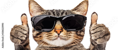 Cat wearing sunglasses giving two thumbs up, looking cool.