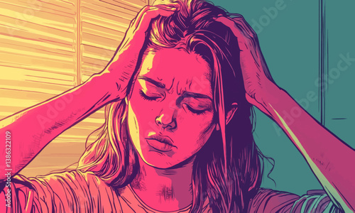 Woman with closed eyes holding head, colorful lighting, distressed expression.