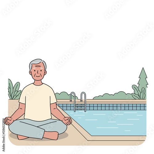 Elderly man meditating peacefully by a serene swimming pool in flat vector art