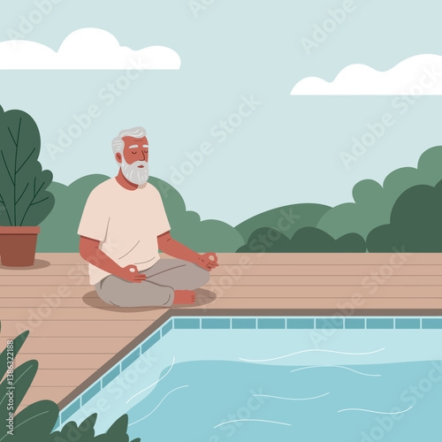 Elderly man meditating by a serene poolside in a minimal flat vector illustration