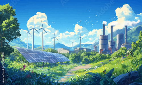 Wind turbines and solar panels beside industrial plant in nature.